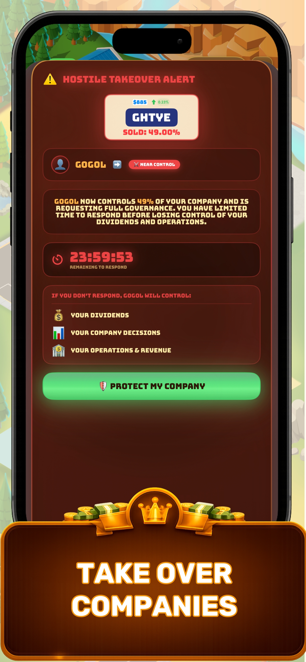 Business Empire Manager hostile takeover alert — business tycoon game showing company acquisition mechanics and rival takeover notification