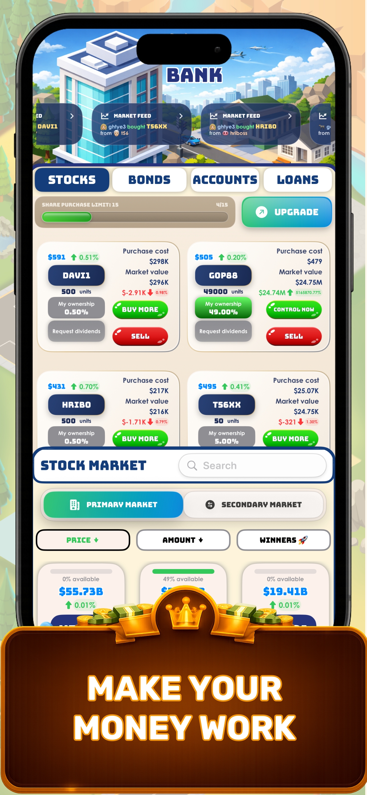 Make Your Money Work — business tycoon game financial portfolio screen showing stocks, bonds, cryptocurrency and investment options in Business Empire Manager