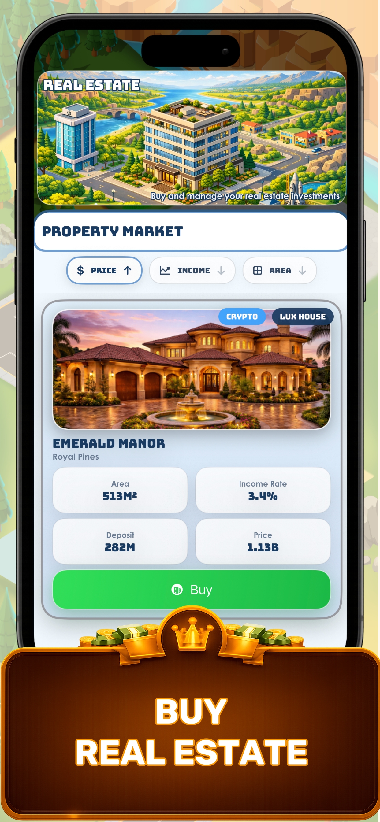 Buy Real Estate — businessman property investment screen showing luxury real estate portfolio and passive income generation in Business Empire Manager