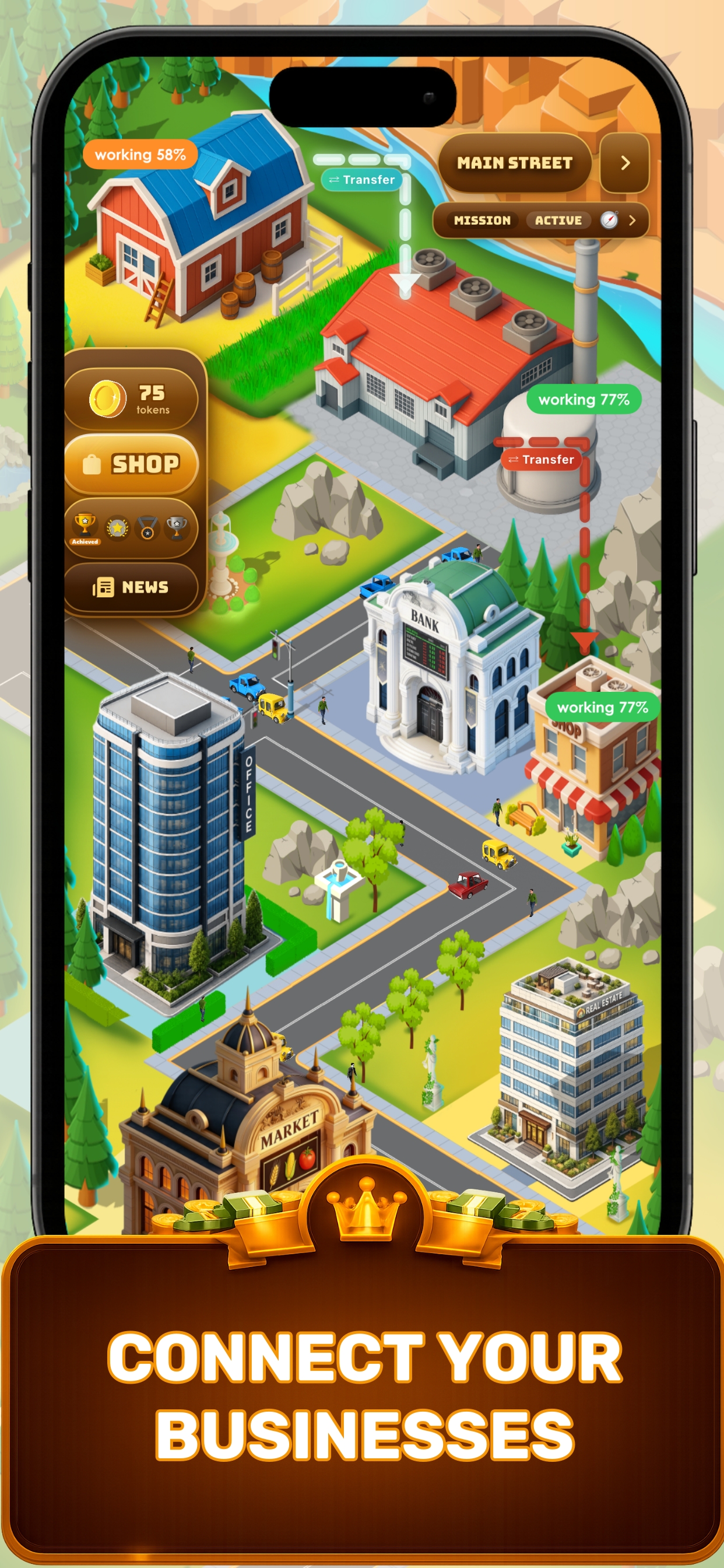 Connect Your Businesses — company simulator aerial view showing three complete production chains from farm to factory to shop in Business Empire Manager