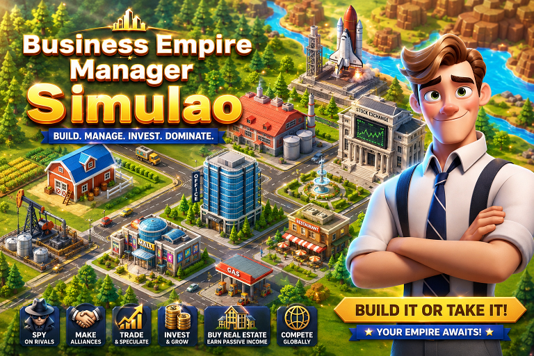 Business Empire Manager landscape view — business tycoon game world showing production chains, company simulator buildings and business empire overview