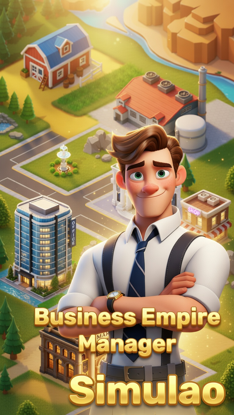 Business Empire Manager iOS app splash screen — business tycoon game mobile download screen showing businessman and empire